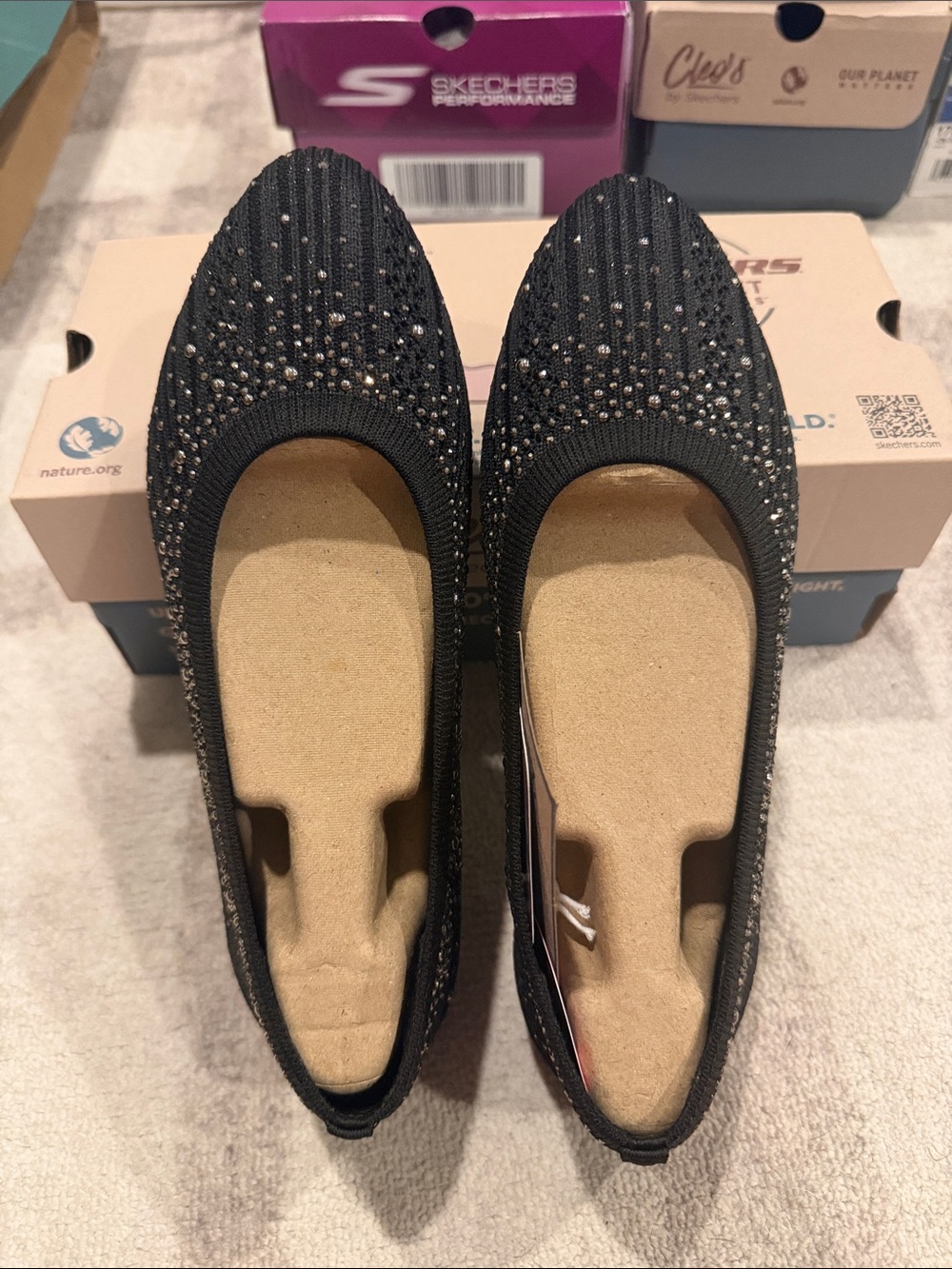 Skechers Black Slip-On Knit Ballet Flats with Rhinestone Embellishments